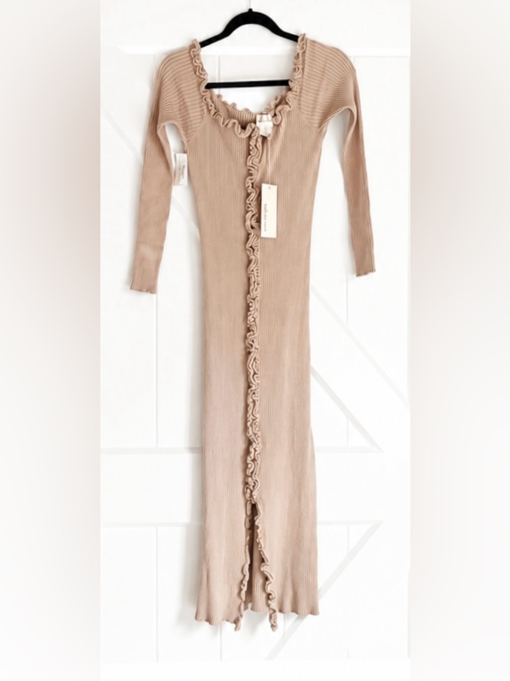 Find Me Now Charlie Ruffle Rib Knit Dress Tan Off Shoulder Size L
